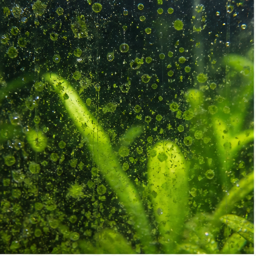 Grønne alger sur une vitre et des feuilles d'aquarium